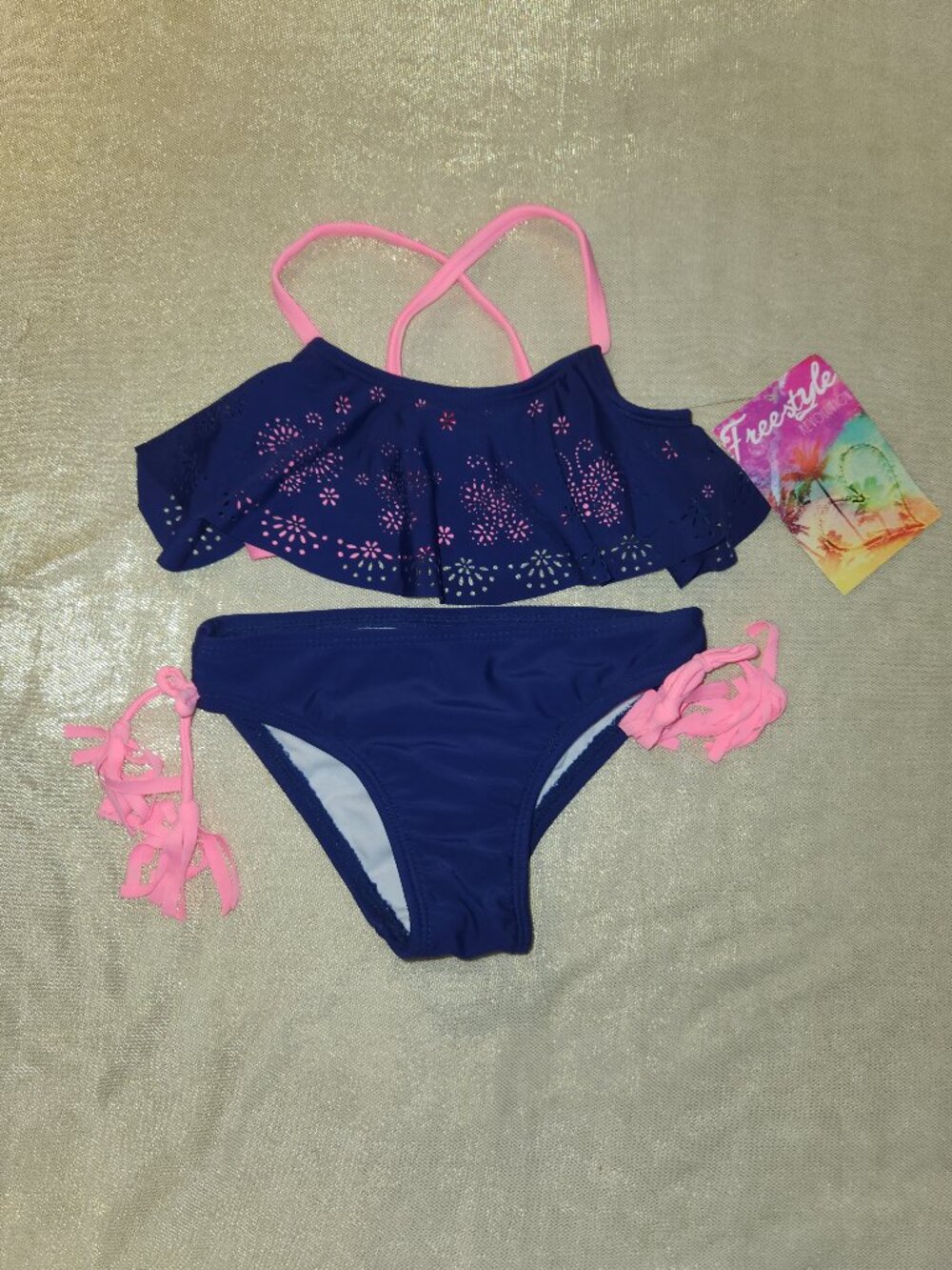 Freestyle Revolutions Girls Bikini Swimsuit Size 4 Navy Pink 2 Piece NEW